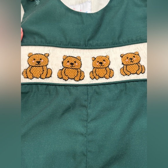 Ann + Reeves Teddy Bear Smocked JonJon Green Romper - Picture 2 of 5